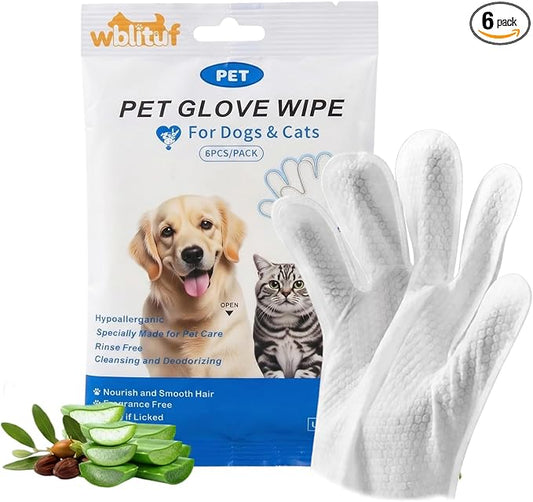 Pet Cleaning Gloves (6 Count) | Extra Thick Disposable Grooming Gloves with Aloe & Jojoba Oil, Waterless No-Rinse Odor Control, Lick-Safe Five-Finger Design for Cats & Dogs