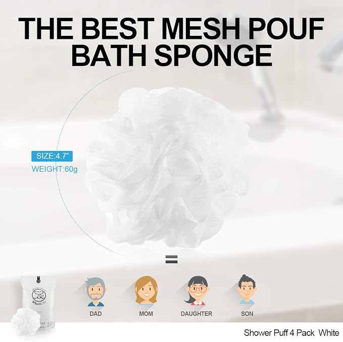 Loofah Sponge Bath Sponge for Women Men 4 Pack (White) | 10X Suds Save Body Wash Double Knotted Anti Tear Core Fast Dry Cotton Loop Stay Fresh Large Mesh for Sensitive Skin