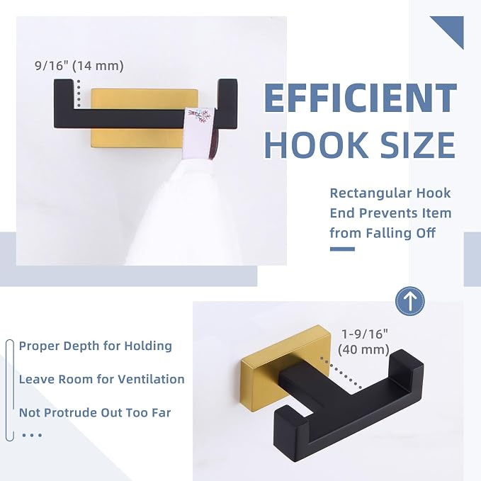 Angle Simple Double Towel Hook Black & Gold, Stainless Steel Bathroom Towel Holder, Coat Robe Hook Wall Mount