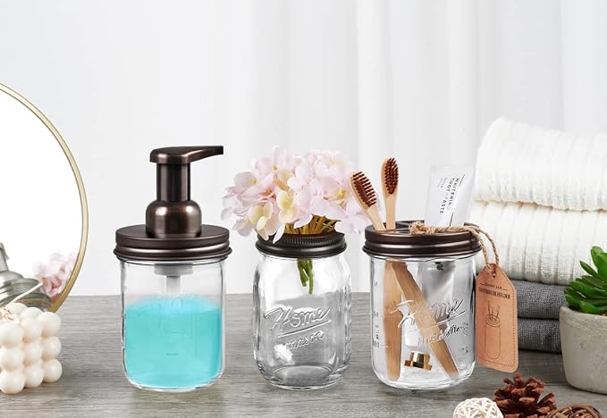 Sheechung Mason Jar Toothbrush Holders, Glass Toothbrush Holders for Bathrooms, Electric Toothbrush Toothpaste Holder Bronze, Bathroom Organizers and Storage, Bathroom Essential, Farmhouse Decor, 2Pcs