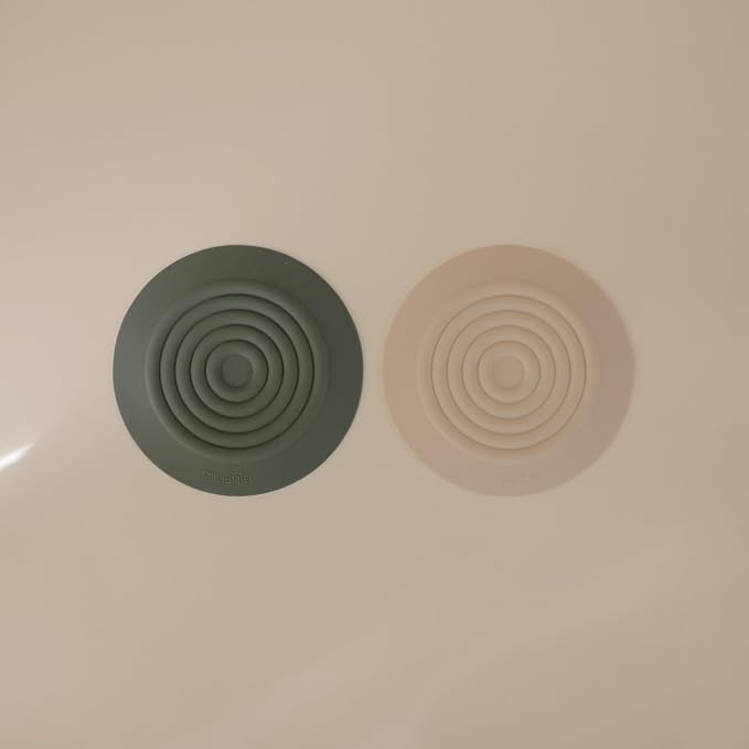 mushie Silicone Drain Stopper 2-Pack | 5.5 inch Diameter Bathtub Flat Suction Cover (Dried Thyme/Shifting Sand)