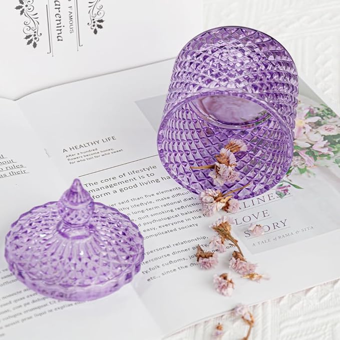 2 Pack Glass Qtip Holder, Apothecary Jars with Lids Bathroom Storage | Purple (10+24oz), Storage for Cotton Swabs, Balls, Pads, Floss Pick, Makeup, Candy & Jewelry, Vanity Organizer for Bathroom