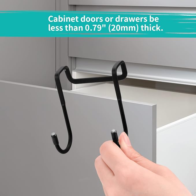Tinfol 8 Pack Cabinet Door Hooks, Double S-Shaped Over Door Shower Hook, Stainless Steel Over Door Hook, for Kitchen, Bathroom, Closet, Cabinet Cupboard, Shower, Drawer, Wardrobe, Office (Black)
