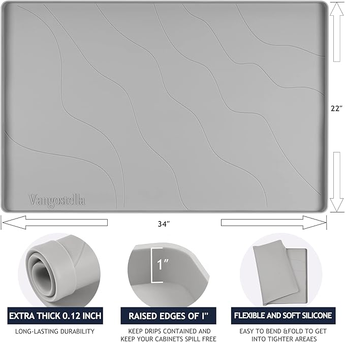 Heavy Duty Silicone Under Sink Mats for Kitchen Waterproof 40" x 19", Extra Thick Under Sink Rubber Mat Drip Tray, Raised Edge Under Sink Liner,Prevent Drips, Leaks, Spills,Grey