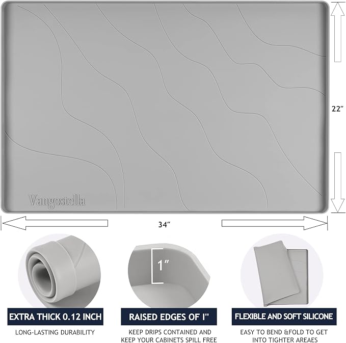 Heavy Duty Silicone Under Sink Mats for Kitchen Waterproof 22" x 22", Extra Thick Under Sink Rubber Mat Drip Tray, Raised Edge Under Sink Liner,Prevent Drips, Leaks, Spills,Grey