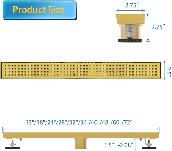 Linear Shower Drain, 18 inch Gold Drain with Removable Grate Cover, Brushed 304 Stainless Steel Shower Floor Drain, Linear Drain with Hair Strainer and Adjustable Feet