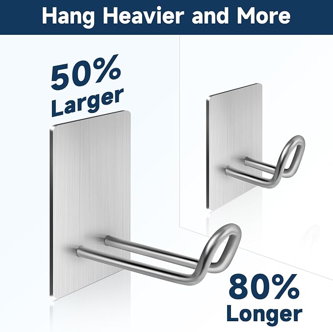 Self Adhesive Hooks Heavy Duty, Large Stainless Steel Towel Hooks, No Drill Sticky Hooks, Long Stick on Shower Wall Hooks for Hanging Hat Coat Key Headphone (Sliver(4Pcs))