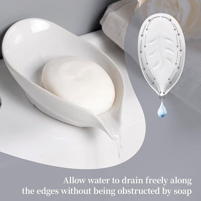 Soap Holder, Self-Draining Soap Dish, White Leaf Shape Ceramic Bar Soap Holder Drain Soap Dishes for Bathroom Sink Kitchen, Easy to Clean Keeps Soap Dry, ANTIS'S HOME