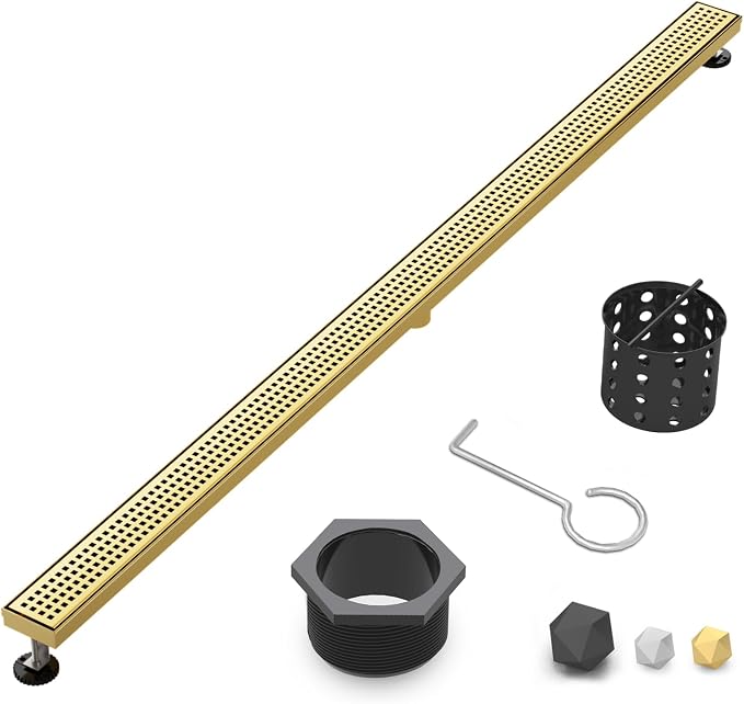 Linear Shower Drain | 60 Inch AISI 304 Stainless Steel Shower Drain, Brushed Gold Linear Drain with Removable Quadrato Grate Cover & Adjustable Feet, Rectangle Floor Drain, in Bathroom Balcony etc