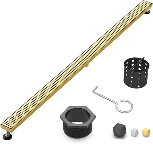 Linear Shower Drain | 60 Inch AISI 304 Stainless Steel Shower Drain, Brushed Gold Linear Drain with Removable Quadrato Grate Cover & Adjustable Feet, Rectangle Floor Drain, in Bathroom Balcony etc