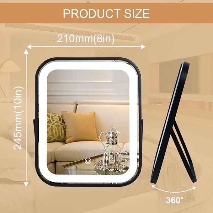 YEKKOPT Lighted Vanity Mirror, Rechargeable Travel Makeup Mirror with Lights, 10''x8'' Desk Mirror with Lights,Make up Mirror with Lighting for Makeup Desk ＆ Dressing Room