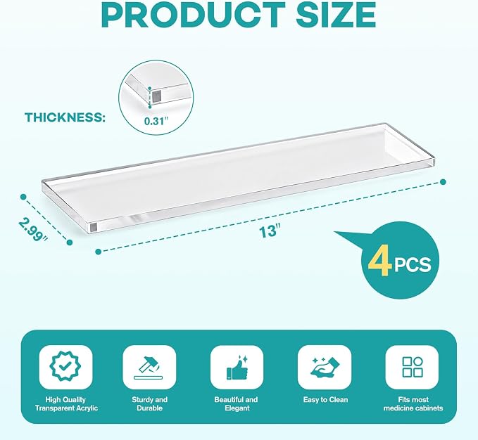 LILXIU 4 PCS 13 Inch Medicine Cabinet Shelves Acrylic Medicine Cabinet Shelf Replacement for Living Room Bathroom Kitchen Wall Mounted and Hanging Cabinets