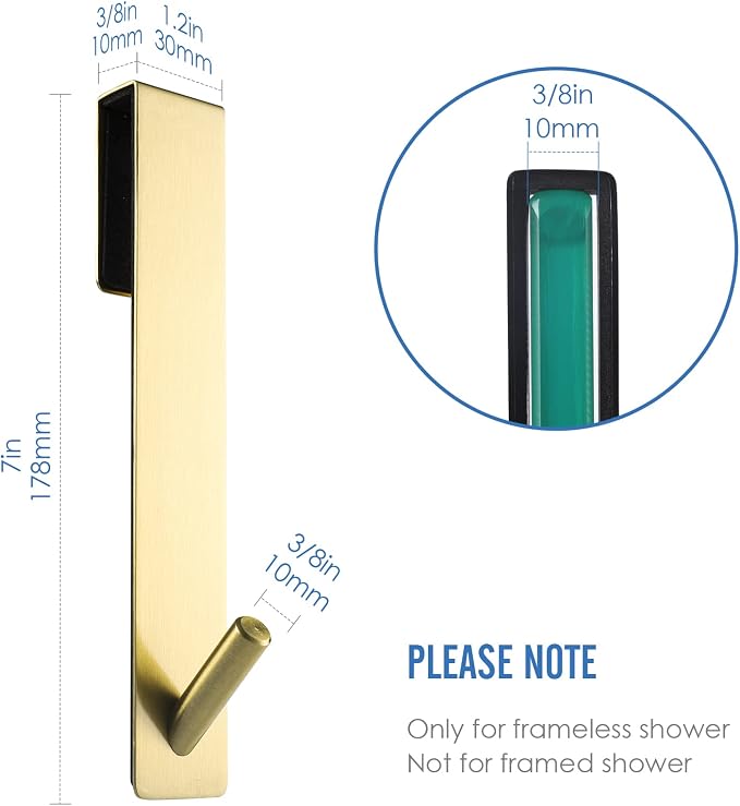 Simtive Extended Shower Door Hooks (7-Inch), Over Door Hooks for Bathroom Frameless Glass Shower Door, Towel Hooks, 3-Pack, Gold