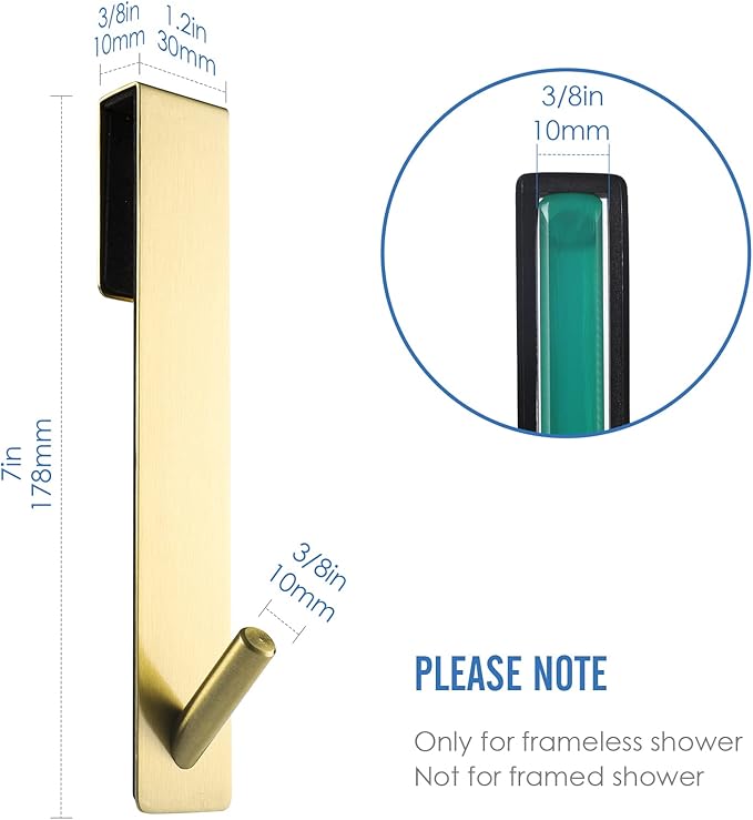 Simtive Extended Shower Door Hooks (7-Inch), Over Door Hooks for Bathroom Frameless Glass Shower Door, Towel Hooks, 2-Pack, Gold