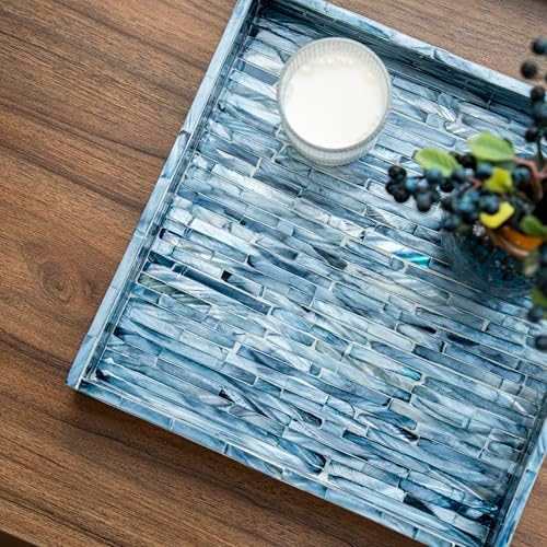 PEMAR Mother of Pearl Decorative Tray, 11x11 Square Blue Mosaic Tray