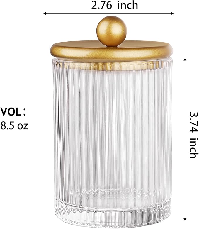 SheeChung 1 Pack Gold Ribbed Glass Qtip Holder with Metal Lids | Apothecary Jars Bathroom Organizer Countertop Vanity Canister Set for Cotton Swabs, Rounds, Floss Picks-Modern Luxury Decor