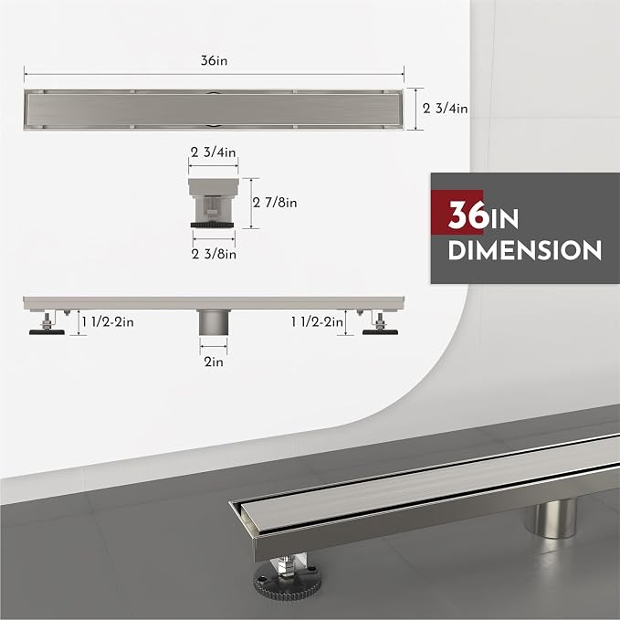 WEBANG 36 Inch Linear Shower Drain Rectangular Floor Drain with Accessories Reversible 2-in-1 Cover Tile Insert Grate Removable SUS304 Stainless Steel CUPC Certified Brushed Nickel
