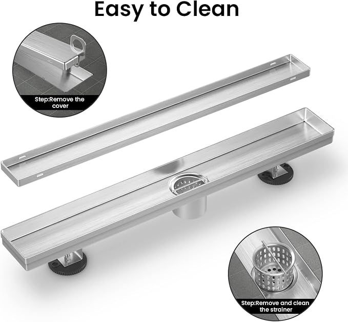 EXF Linear Shower Drain 30 Inch Tile Insert, Brushed Stainless Steel Rectangle Shower Floor Drain Cover with Hair Catcher, Adjustable Feet