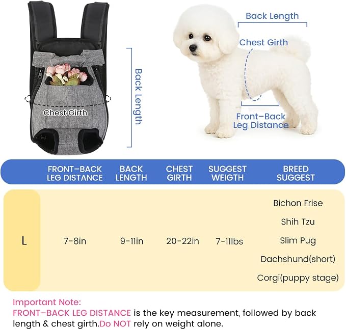 Mosago Dog Backpack Carrier, Front Chest Carrier for Small Dogs, Grey, L | Adjustable Shoulder Straps, Legs Out Design, Front Pocket Storage, Durable Fabric, Hands-Free Carrying, Walking/Hiking