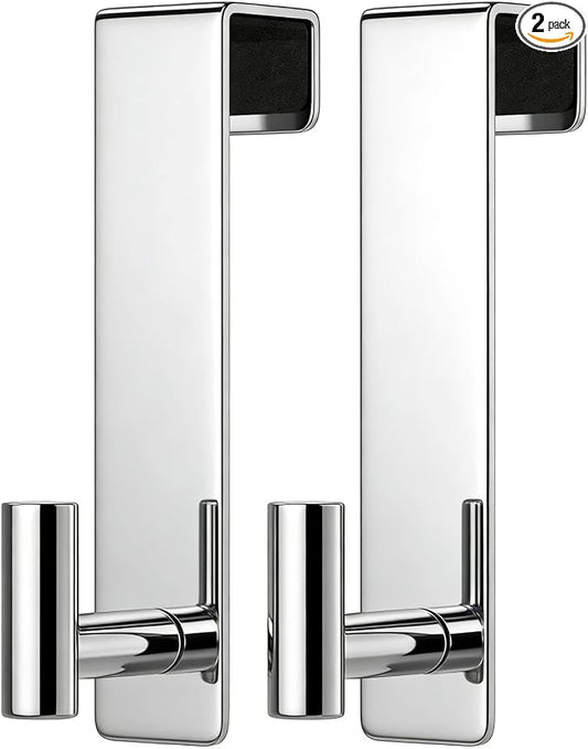 PMMASTO 2-Pack Over The Door Hooks - Rustproof Stainless Steel Door Hangers for 1-3/4 Inch Doors, Non-Marking and Tool-Free Easy Install (Polished Silver, T Shape-Fits 1-3/4" Thick Door)