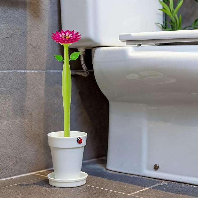Vigar Flower Power Toilet Brush with Holder Set Toilet Brush with Daisy-shaped Handle, Flowerpot Base with Saucer Durable Bristles for Bathroom, White