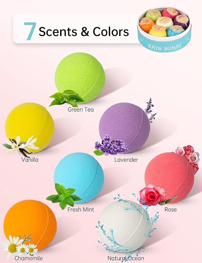 Aofmee Bath Bombs, 7pcs Bubble Bath Bombs for Women, Natural Handmade Fizzies Gift Set, Spa Organic Bathbombs for Kids, Essential Oil Personal Care Bath Gift for Birthday Mothers Day Christmas