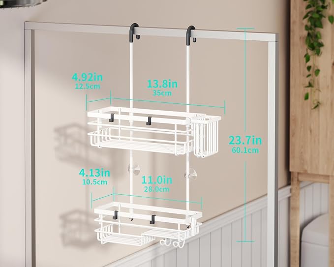 HapiRm Hanging Shower Caddy Organizer - No Drilling Shower Shelves with Hooks and Toothbrush Holder, Rustproof 304 Stainless Steel Bathroom Organizer - White