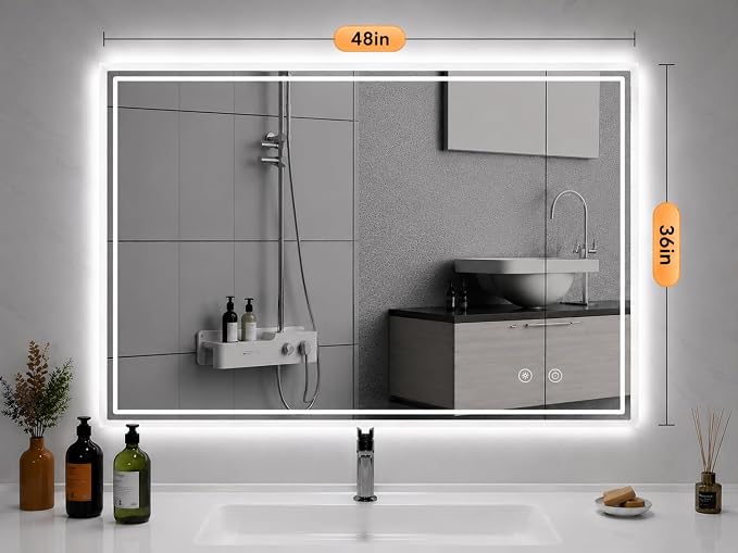 LED Mirror for Bathroom, 36"x48" Lighted Vanity Mirror with Anti-Fog, IP44 Waterproof, 3 Colors Dimmable, Backlit, Memory Function, Touch Control Wall Mount Bathroom Mirror, Horizontal/Vertical