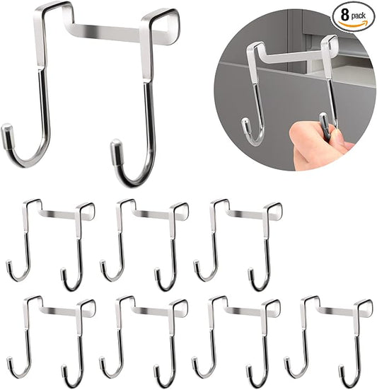 Tinfol Over Door Hook, 8pc Over Cabinet Towel Hook, Stainless Steel Adjustable Double Hook for Kitchen, Closet, Cabinet, Cupboard, Drawer, Wardrobe, Office (Silver)
