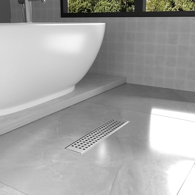 Linear Shower Drain | 18 Inch AISI 304 Stainless Steel Shower Drain, Brushed Nickel Linear Drain with Removable Quadrato Grate Cover & Adjustable Feet, Rectangle Floor Drain, in Bathroom Balcony etc