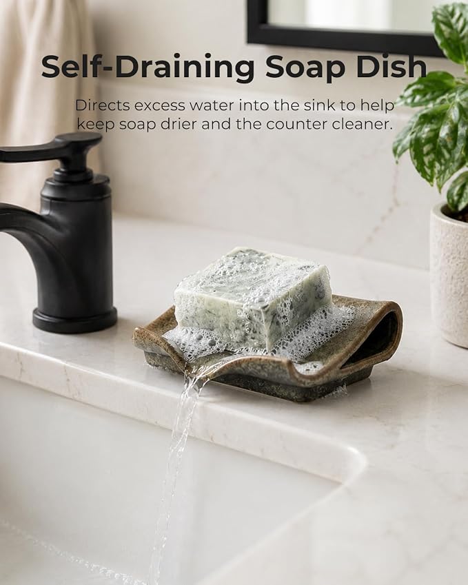Zoeeker Self-Draining Soap Dish, Ceramic Bar Soap Holder with Drainage | Waterfall Design Soap Saver for Bathroom, Kitchen, Sink, Countertop, Sink Organizer Tray Keeps Dry, Variegated Brown Glaze