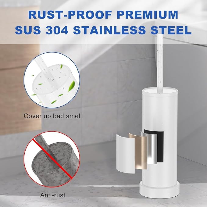 304 Stainless Steel Toilet Brush and Holder Set, Heavy Duty Toilet Bowl Brush and Holder with Removable Inner Bowl, Splash Protection, Long Handle for Bathroom