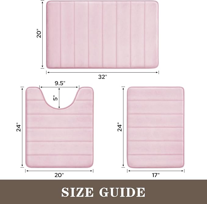 BYSURE Pink Memory Foam Bathroom Rug Set 17"x24"+20"x32"+U20 x24 | Non Slip Extra Soft Absorbent Machine Washable Toilet Bath Toilet Mat for Shower, Tub