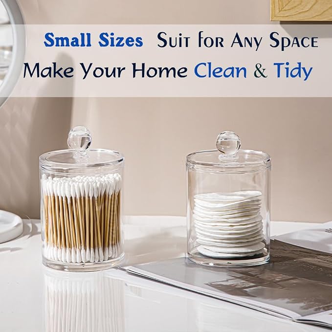 4 Pack Qtip Holder Dispenser for Cotton Ball, Swab, Round Pads, Floss - 10 oz Clear Plastic Apothecary Jar Set for Bathroom Canister Storage Organization, Vanity Makeup Organizer