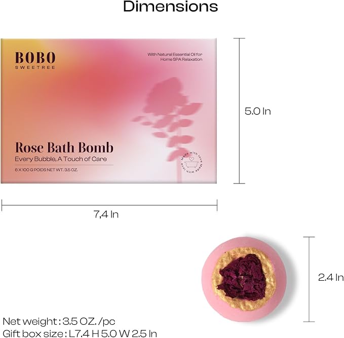 Rose Bath Bombs Gift Set for Women, 6 Pack with Whole Dried Rose | Romantic home spa relaxation, essential oils aromatherapy, birthday anniversary presents for mom, wife, girlfriend