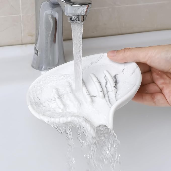 Self Draining Soap Dish for Shower & Bathroom Sink with Drain | Large Marble Resin Non Slip Soap Tray for Bar Soap, Kitchen Counter, Bathtub & Sink