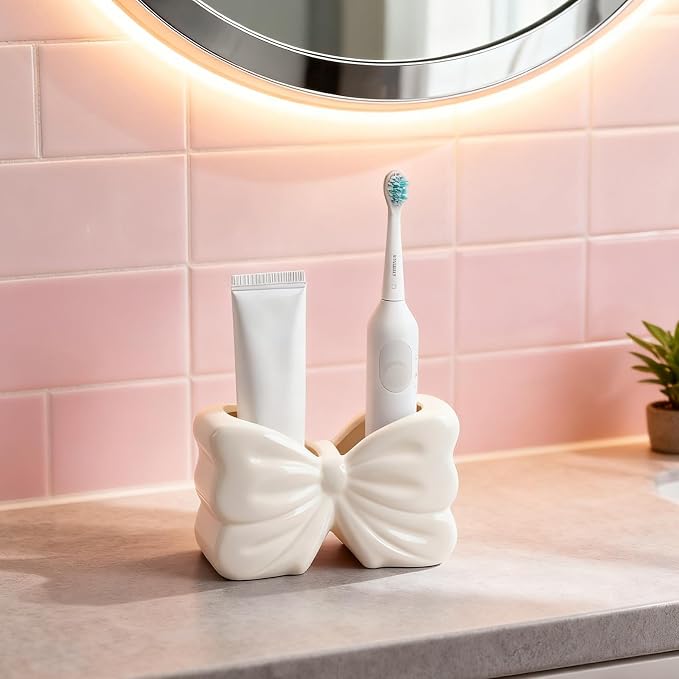 Bow Toothbrush Holder ， 2-Slot Toothbrush and Toothpaste Holder Cute Toothbrush Holder Set, Bathroom Counter Organizer for Bathrooms， Electric Toothbrushes, Floss, Razors - White
