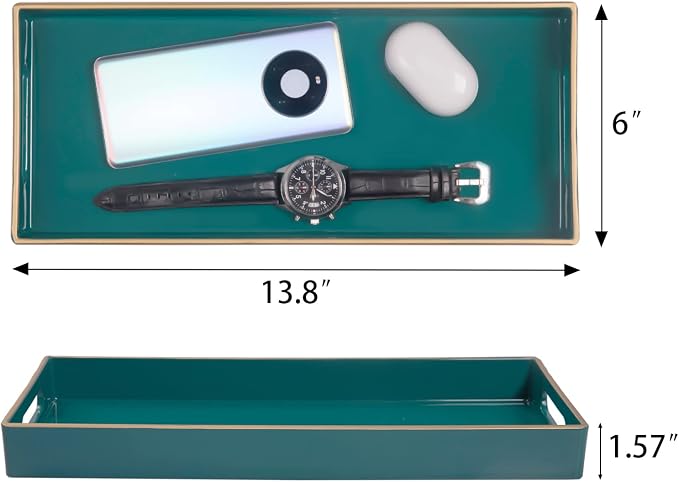 MAONAME Green Bathroom Tray, Plastic Vanity Tray, Narrow Countertop Trays with Handles, Perfume Organizer Trays for Dresser, Bathroom Accessories, 13.8" x 6" x 1.57"