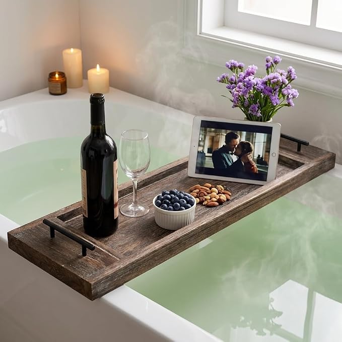 Hanobe Bathtub Tray Bath Caddy: Wood Bath Tub Trays Table Board - Rustic Bathtub Shelf Across Tub - Long Wooden Serving Tray with Handles for Bathroom, 31"