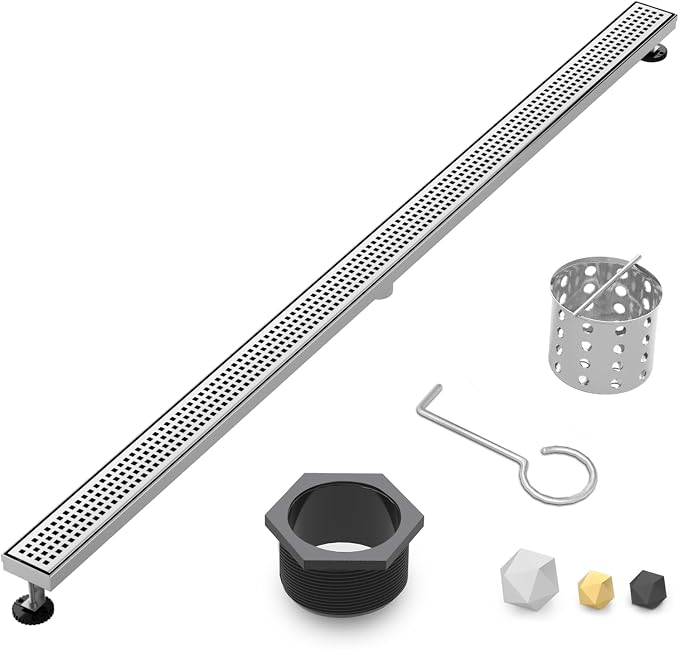 Linear Shower Drain | 60 Inch AISI 304 Stainless Steel Shower Drain, Brushed Nickel Linear Drain with Removable Quadrato Grate Cover & Adjustable Feet, Rectangle Floor Drain, in Bathroom Balcony etc