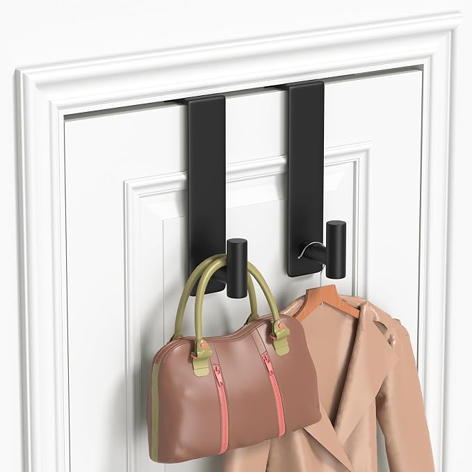 HUFEEOH Over The Door Hooks 2-Pack, Heavy Stainless Steel Coat & Towel Rack, No Drilling Scratch-Free Over Door Hanger Dorm Essentials Bathroom Accessories, Fits 1-3/4" Doors (Black) (T Shape)