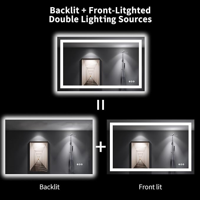 LOAAO 48"X30" LED Bathroom Mirror with Lights, Anti-Fog, Dimmable, Backlit + Front Lit, Lighted Bathroom Vanity Mirror for Wall, Memory Function, Tempered Glass, Shatter-Proof, ETL Listed | Anti-Fog, Dimmable, 3 Color Temperature, Backlit + Front Lit, ...