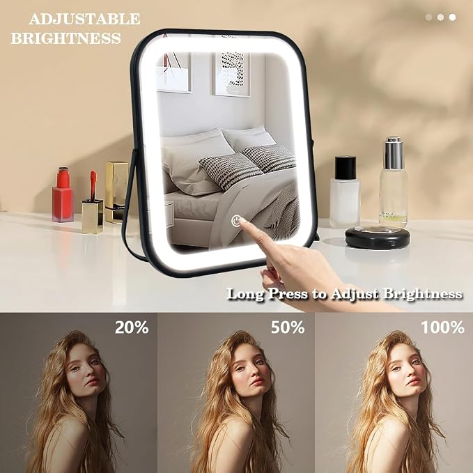 YEKKOPT Lighted Vanity Mirror, Rechargeable Travel Makeup Mirror with Lights, 10''x8'' Desk Mirror with Lights,Make up Mirror with Lighting for Makeup Desk ＆ Dressing Room