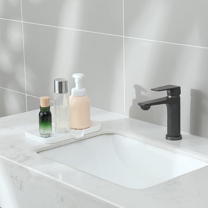 MicoYang Silicone Soap Dish with Drain Spout — Self-Draining Sink Organizer Tray for Bathroom & Kitchen, Sponges, Dispensers & Soap Holder, Non-Slip & Dishwasher Safe, White (Medium, 9.6"×5.3")