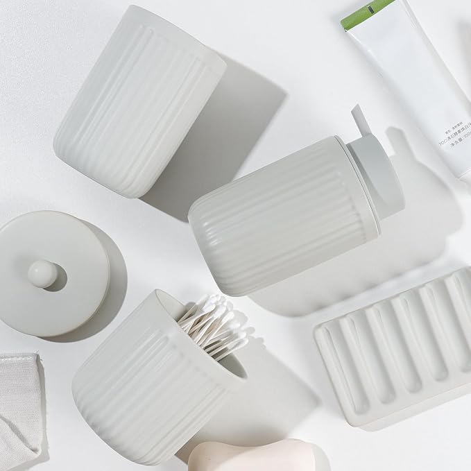 BosilunLife Light Grey Ceramic Bathroom Accessories Set of 4 | Bathroom Decor Sets Accessories Bathroom Foam Soap Dispenser and Toothbrush Holder Set, Soap Dish, Apothecary Jars.(Foam)