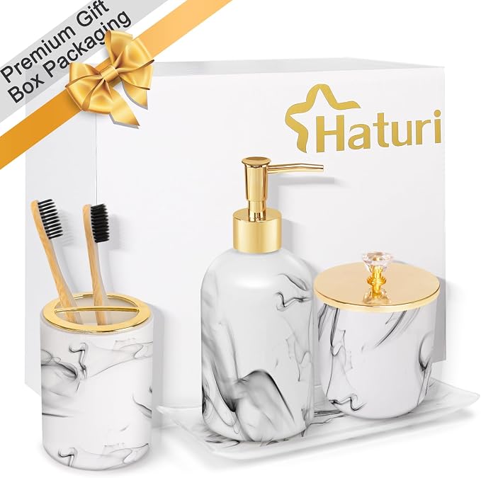Haturi Bathroom Accessories Set, 4 Pcs Marble Look Sets Soap Dispenser & Toothbrush Holder Counter Top Restroom Apartment Decor Stuff, Glass Kits, Gift for Women and Men, Ink White | Kit w/ Bathroom Soap Dispenser Set, Toothbrush Holder, Qtip Holder, S...