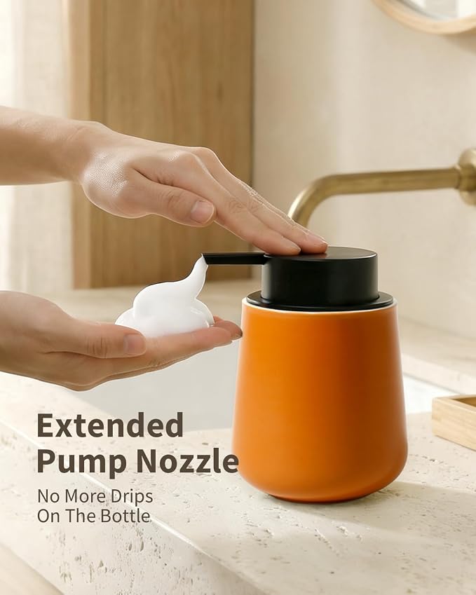 BosilunLife Ceramic Bathroom Accessories Set 3 Pcs | Foaming Soap Dispenser and Toothbrush Holder with Tray, Modern Farmhouse Vanity Decor, Orange Housewarming Gift