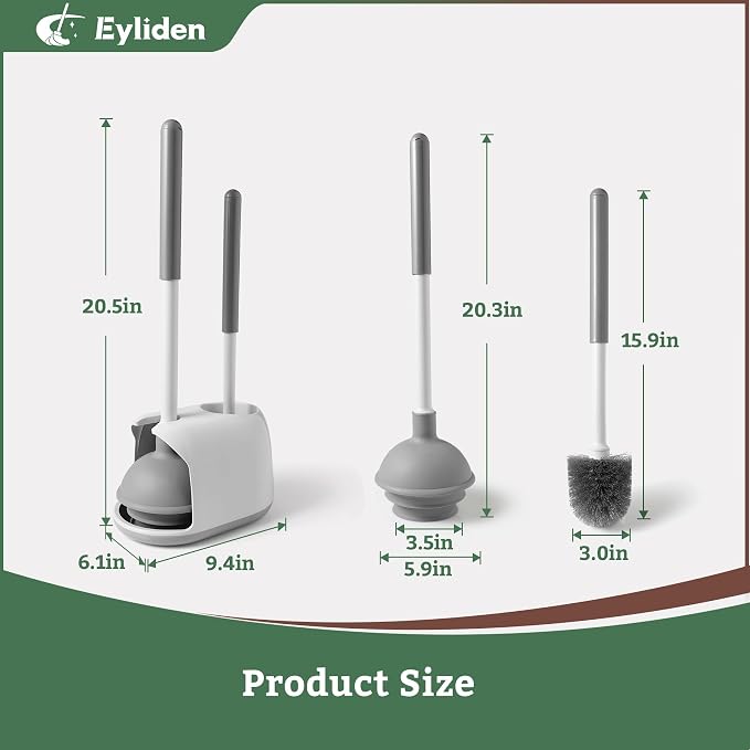 Eyliden Toilet Plunger & Brush Set, 3-Step Suction Cup, Compact Caddy | Space-Saving Toilet Deep Cleaning Combo with Holder, Ultra-Tight Seal, Durable, Nylon Bristles, Bathroom Essentials