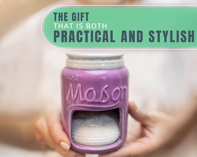 Comfify Purple Mason Jar Ceramic Sponge Holder – Farmhouse Sink Caddy | Purple; mason jar ceramic; 5"H x 3.75" diameter; includes nylon scrubby; embossed ‘MASON’; decorative lid; farmhouse