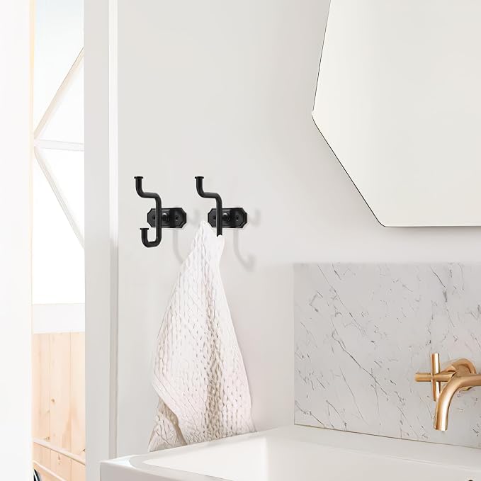 SAILING 2 Pack Coat Hooks Matte Black Towel Hooks Robe Hooks Decorative Wall Hooks for Bathroom Bedroom Kitchen Towel Robe Clothes Cabinet Closet Bathroom Hardware